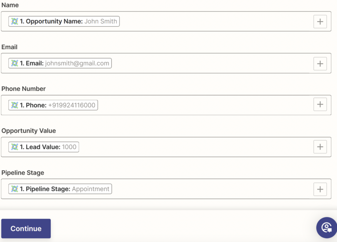 Screenshot of LeadConnector fields mapped to Google Sheets