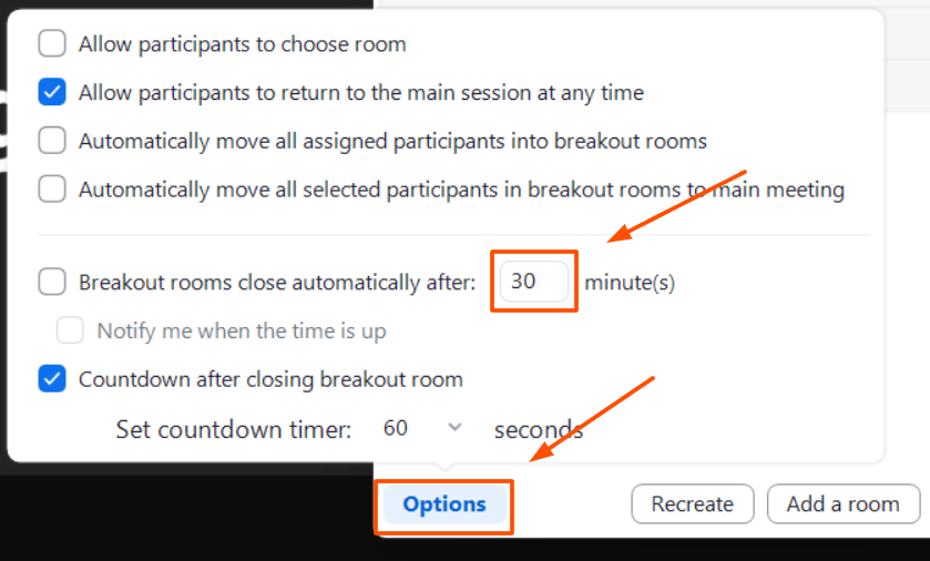 Screenshot of a settings window in Zoom showing where you can set a time limit for breakout rooms to auto close