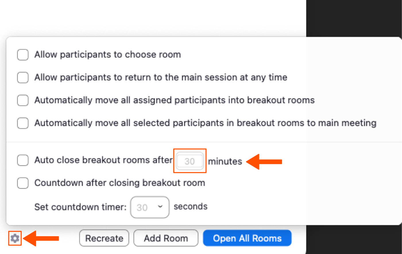 Screenshot of a settings window in Zoom showing where you can set a time limit for breakout rooms to auto close