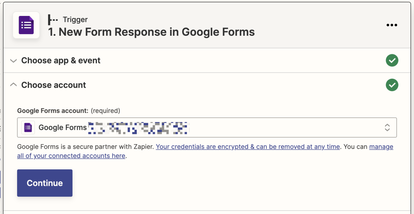 A Google Forms account selected in the account field. 