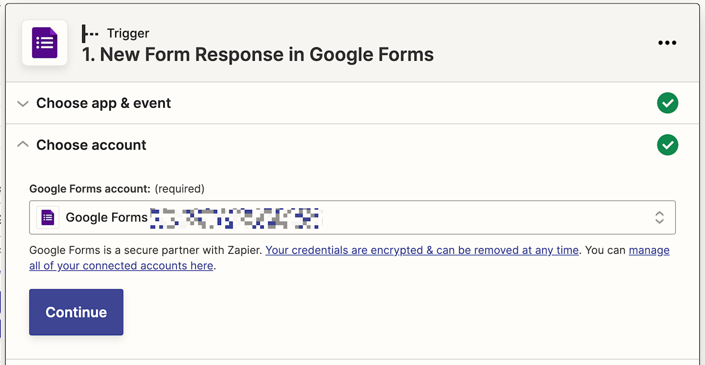 A Google Forms account selected in the account field. 