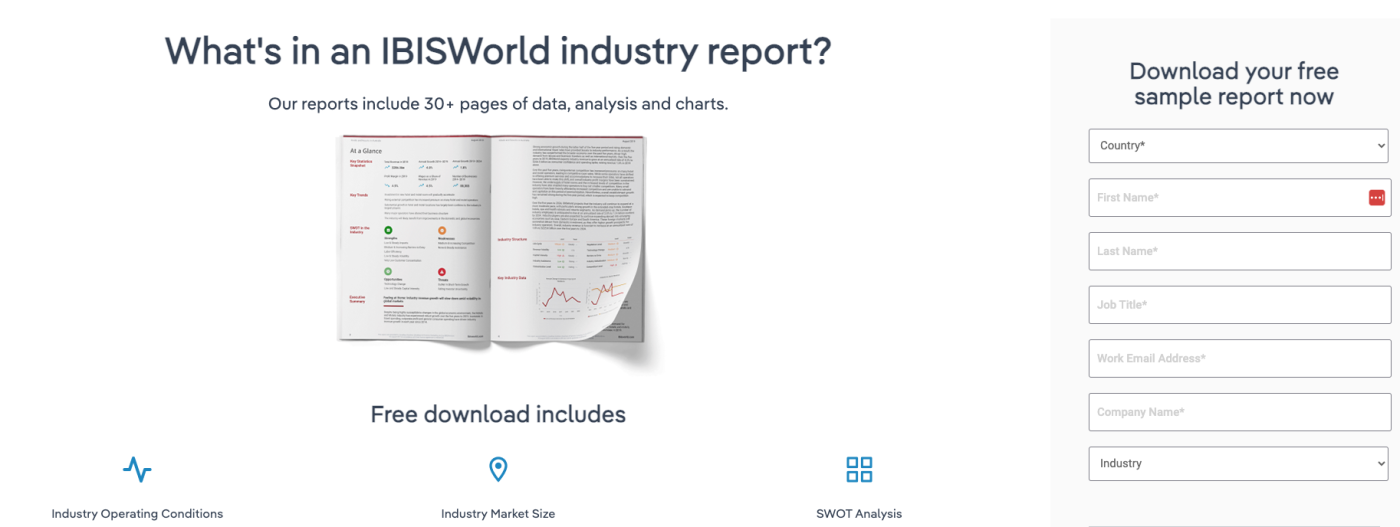 Screenshot of a webpage that says "What's in an IBISWorld industry report?" with an area for users to input their contact information on the right side to receive the free sample report