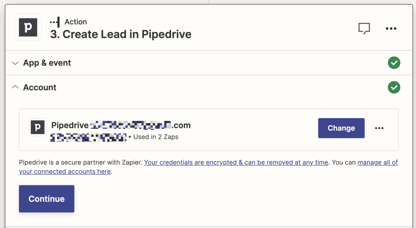 Screenshot of Pipedrive account authenticated