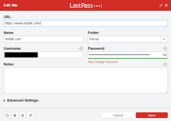 LastPass vault open to a site with the Auto Change Password feature