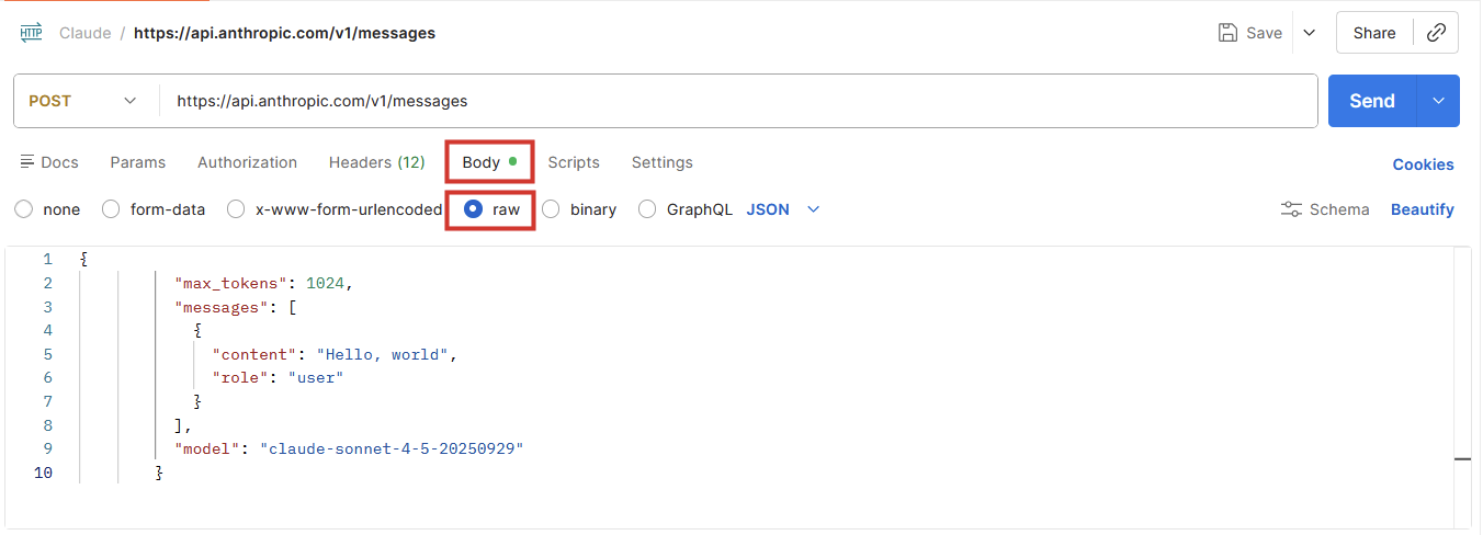 Pasting the JSON into Postman