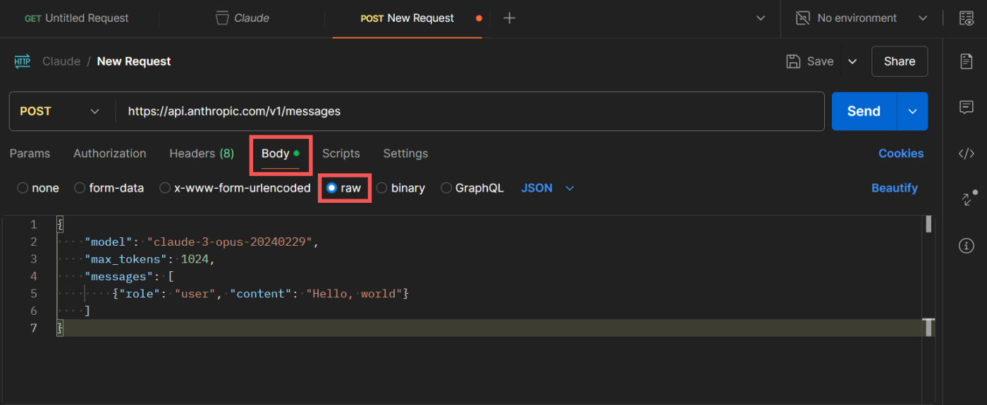 Pasting the JSON into Postman