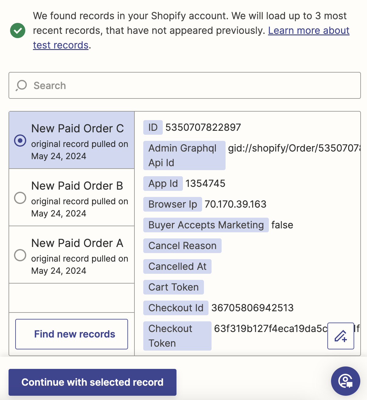 Zapier trigger test pulls in results of your latest Shopify orders