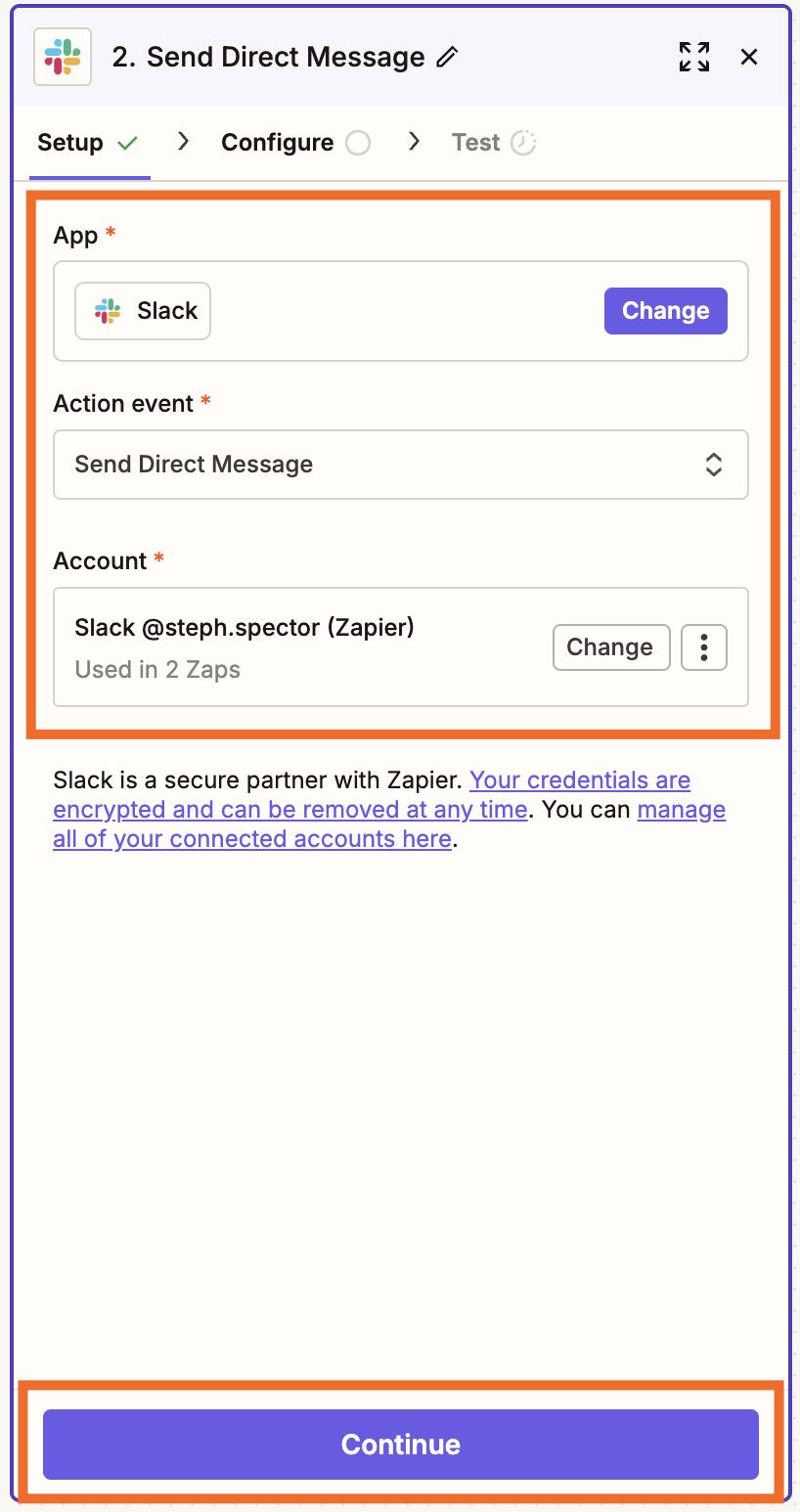 Zapier action setup showing Slack Send Direct Message event with connected account and Continue button