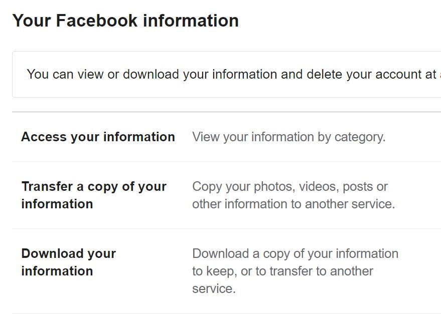 Selecting Download your information in Facebook