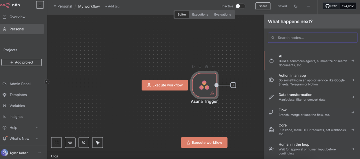 A screenshot of n8n's dashboard