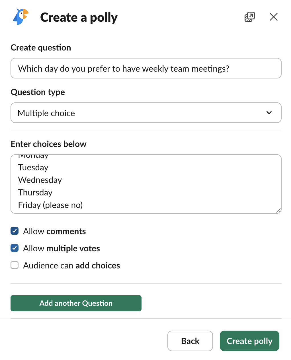 Creating a Slack poll via Polly.
