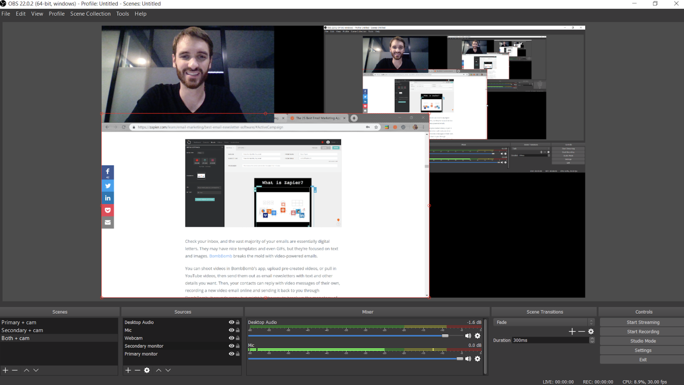 A screenshot of OBS studio, our pick for the best screen recording software for advanced recording tools and live streaming