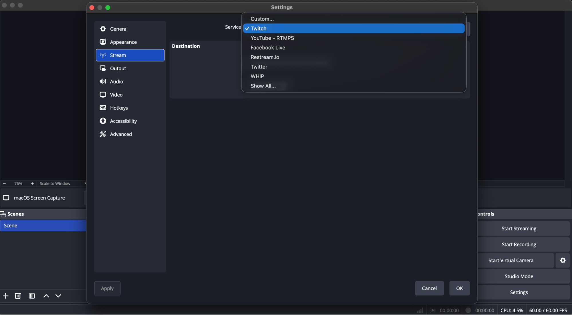 A screenshot of OBS studio, our pick for the best screen recording software for advanced recording tools and live streaming