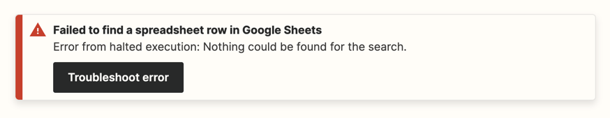 An error message that says "Failed to find a spreadsheet row in Google Sheets"