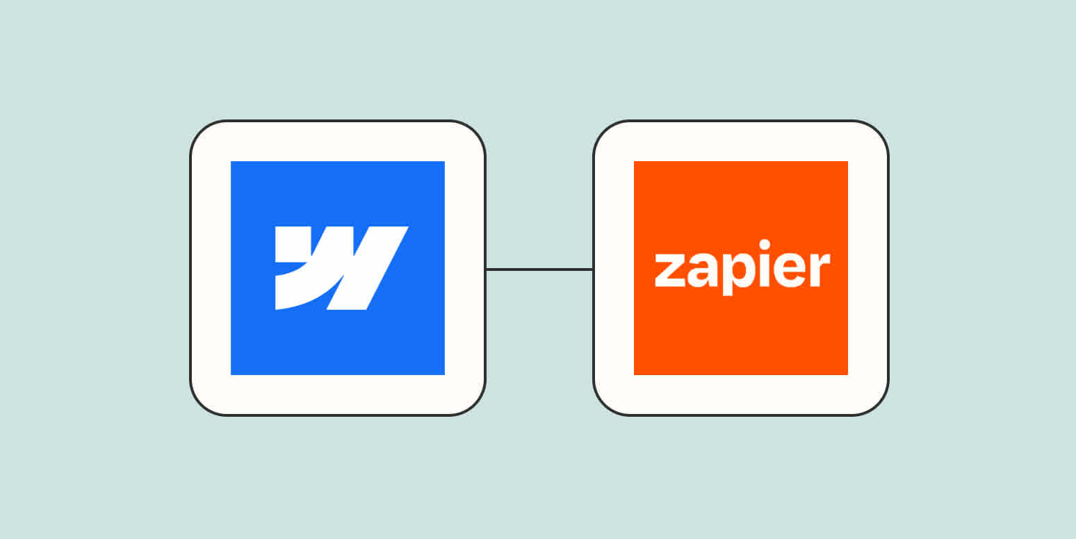 Une image de héros des logos Webflow et Zapier connectés sur un fond bleu clair.
