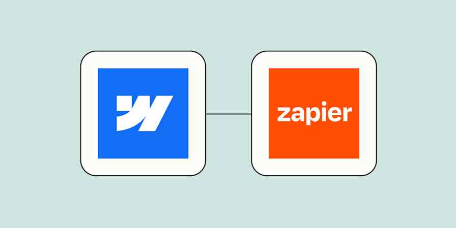 A hero image of the Webflow and Zapier logos connected on a light blue background.