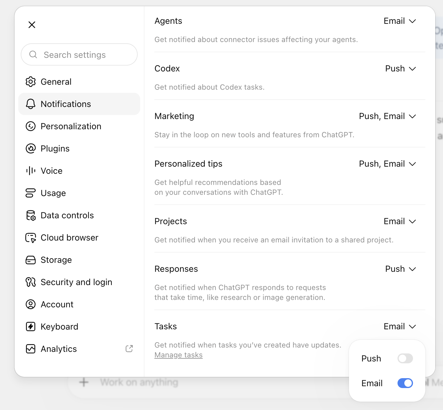 Notification settings window in ChatGPT with options to modify notification methods. 