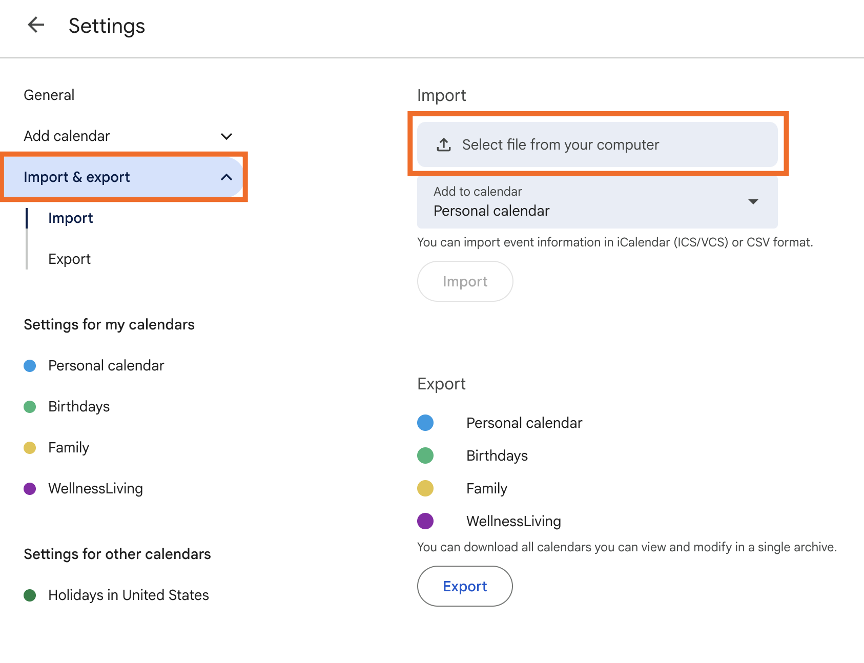 The Settings menu inside Google Calendar