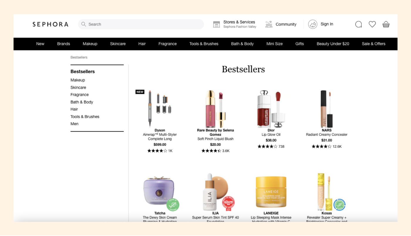 Screenshot of a Bestsellers page on Sephora showing different makeup and hair products