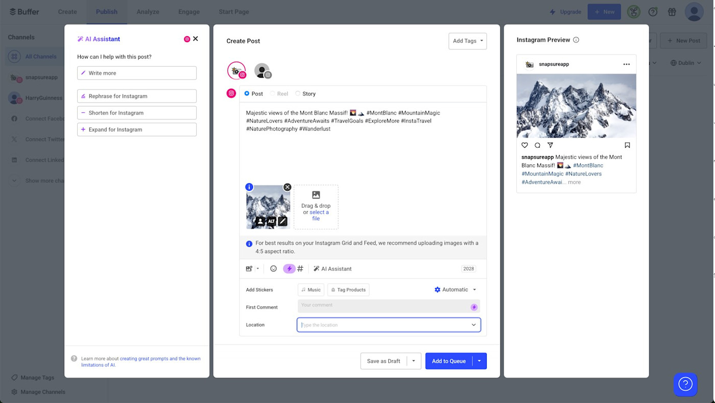 Buffer, our pick for the best free Instagram scheduler for 