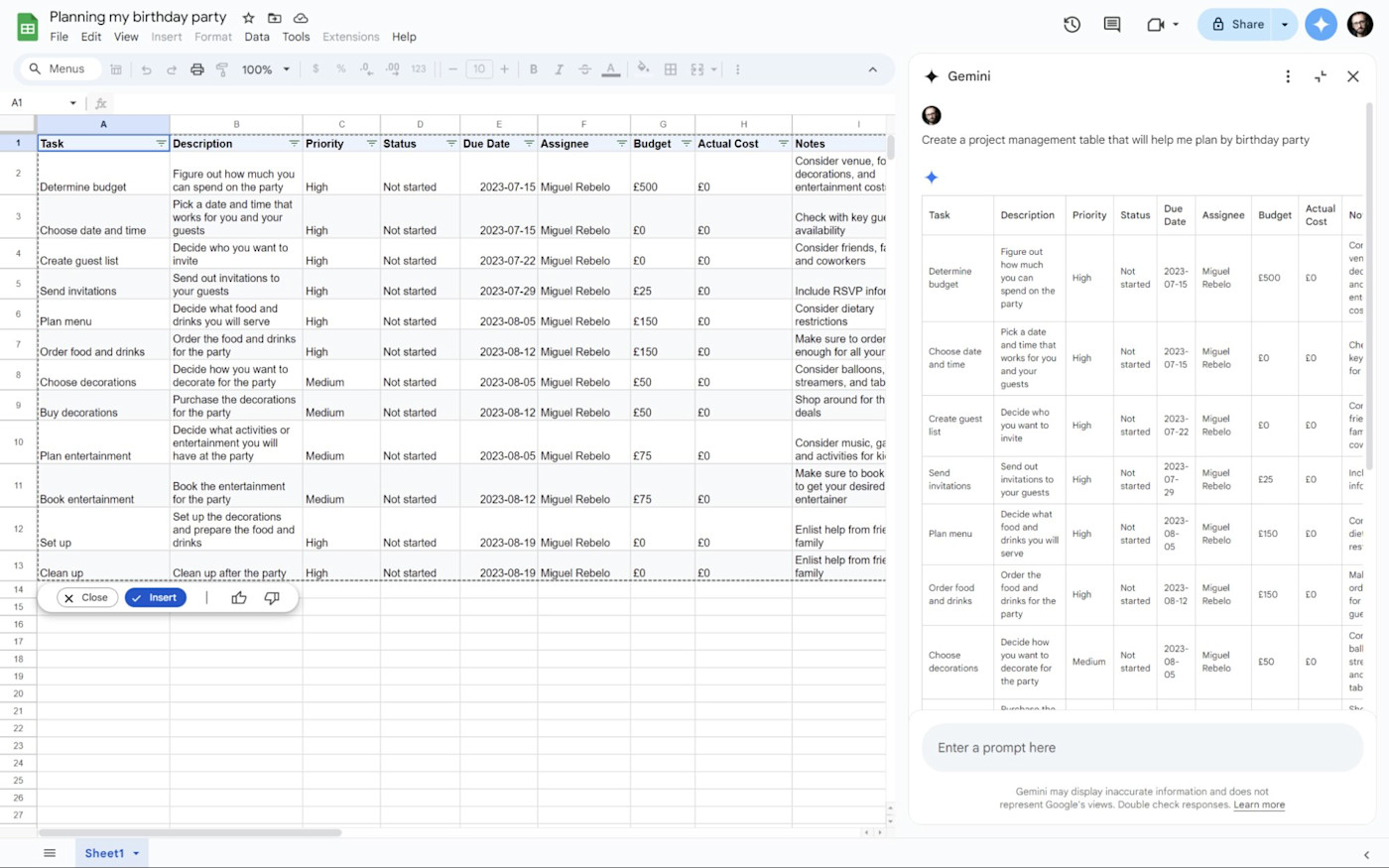 Gemini in Google Sheets, with a chat window on the right side of the screen