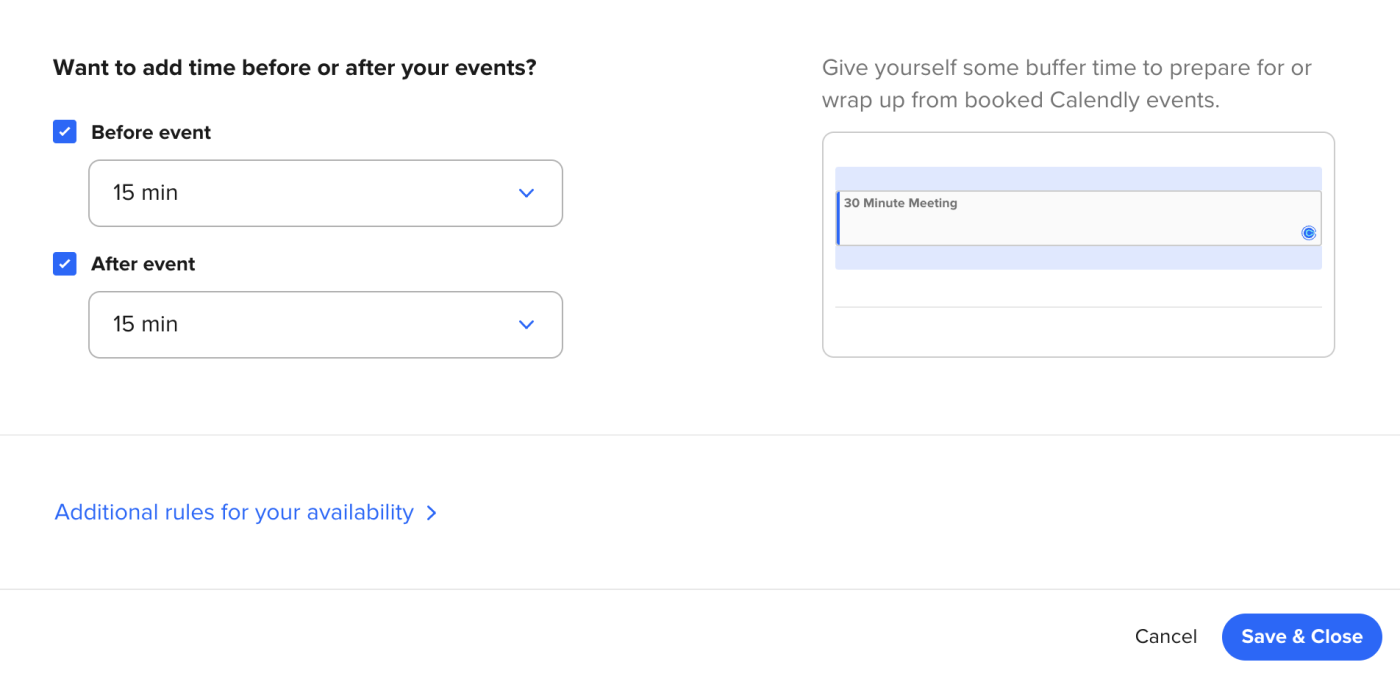 How to add a buffer before and after an event in Calendly.