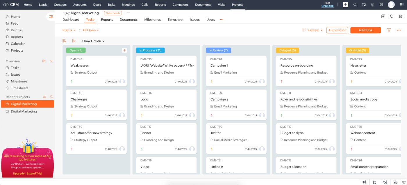 Screenshot of Zoho's project dashboard with tasks organized in Kanban style
