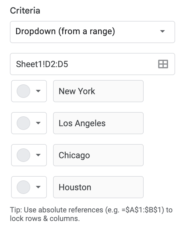 Adding the criteria for a dropdown list in Google Sheets.