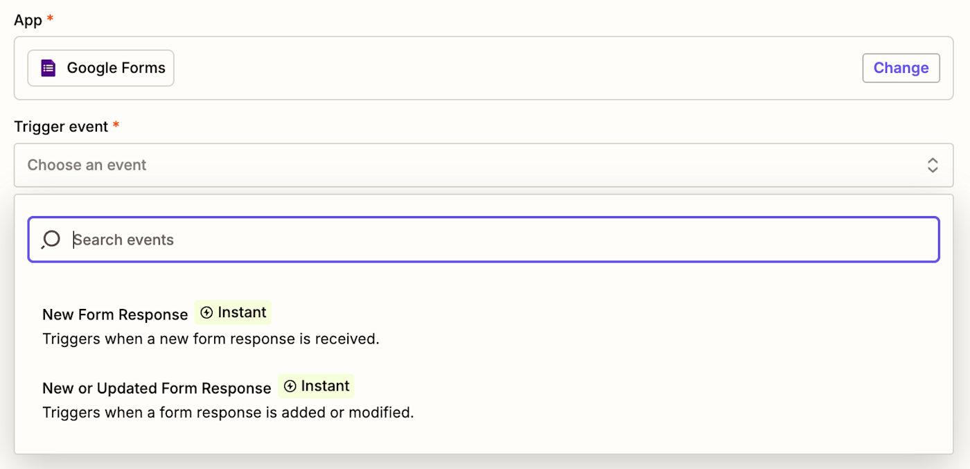 Screenshot of Google forms triggers