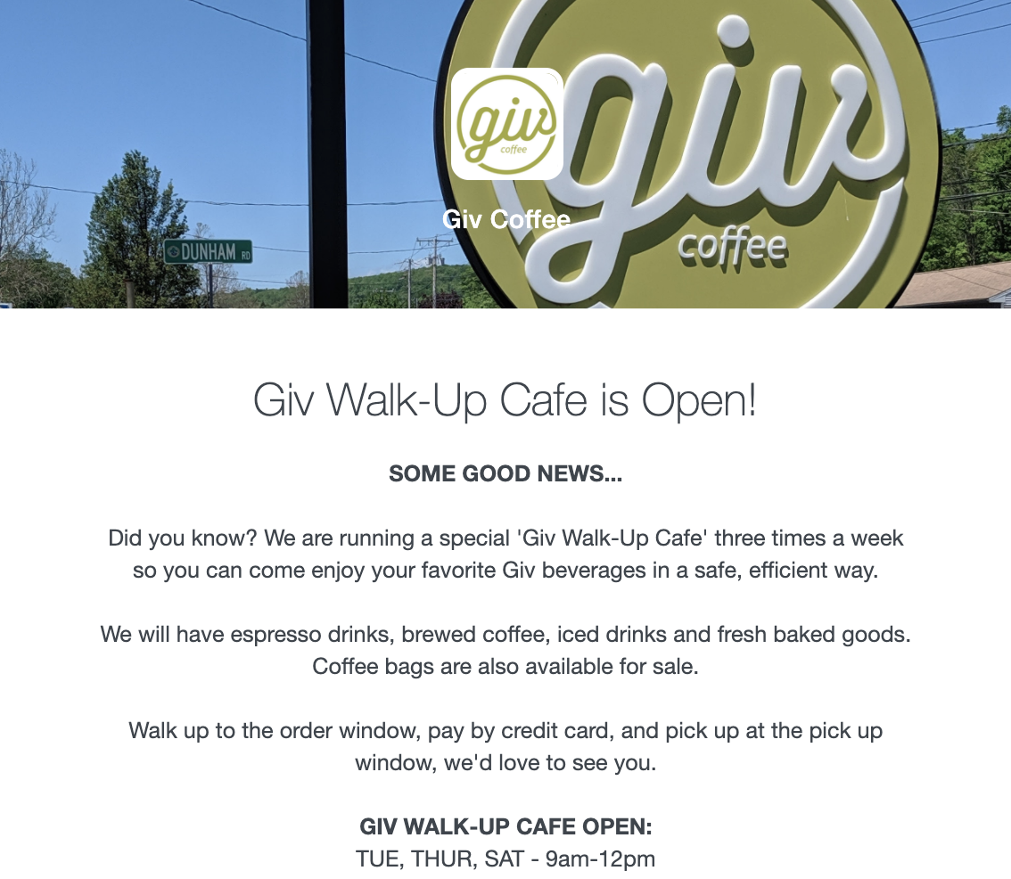 Giv Coffee Shop email telling me they