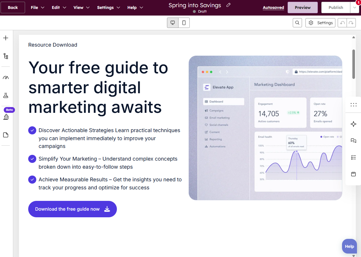 HubSpot's landing page builder