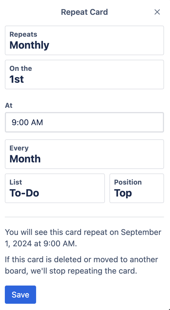 Trello card repeat settings. 