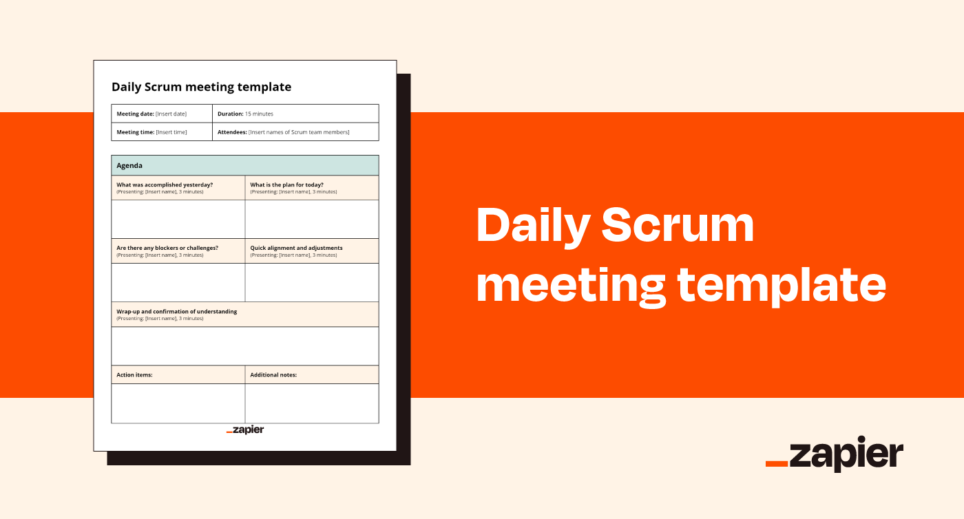 Screenshot of Zapier's daily Scrum meeting template on an orange background