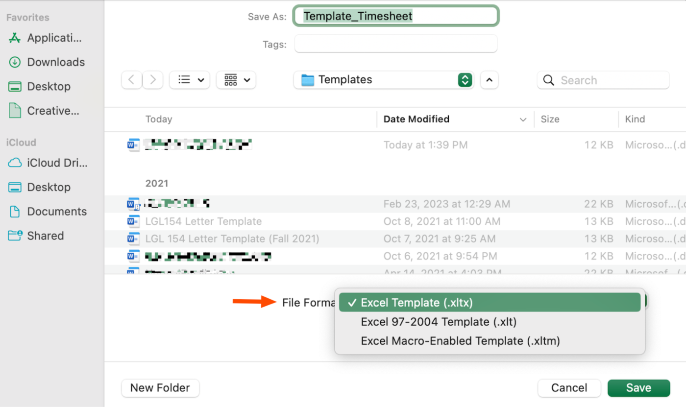 File save window in the desktop app of Microsoft Excel with an expanded view of the dropdown of available file formats.