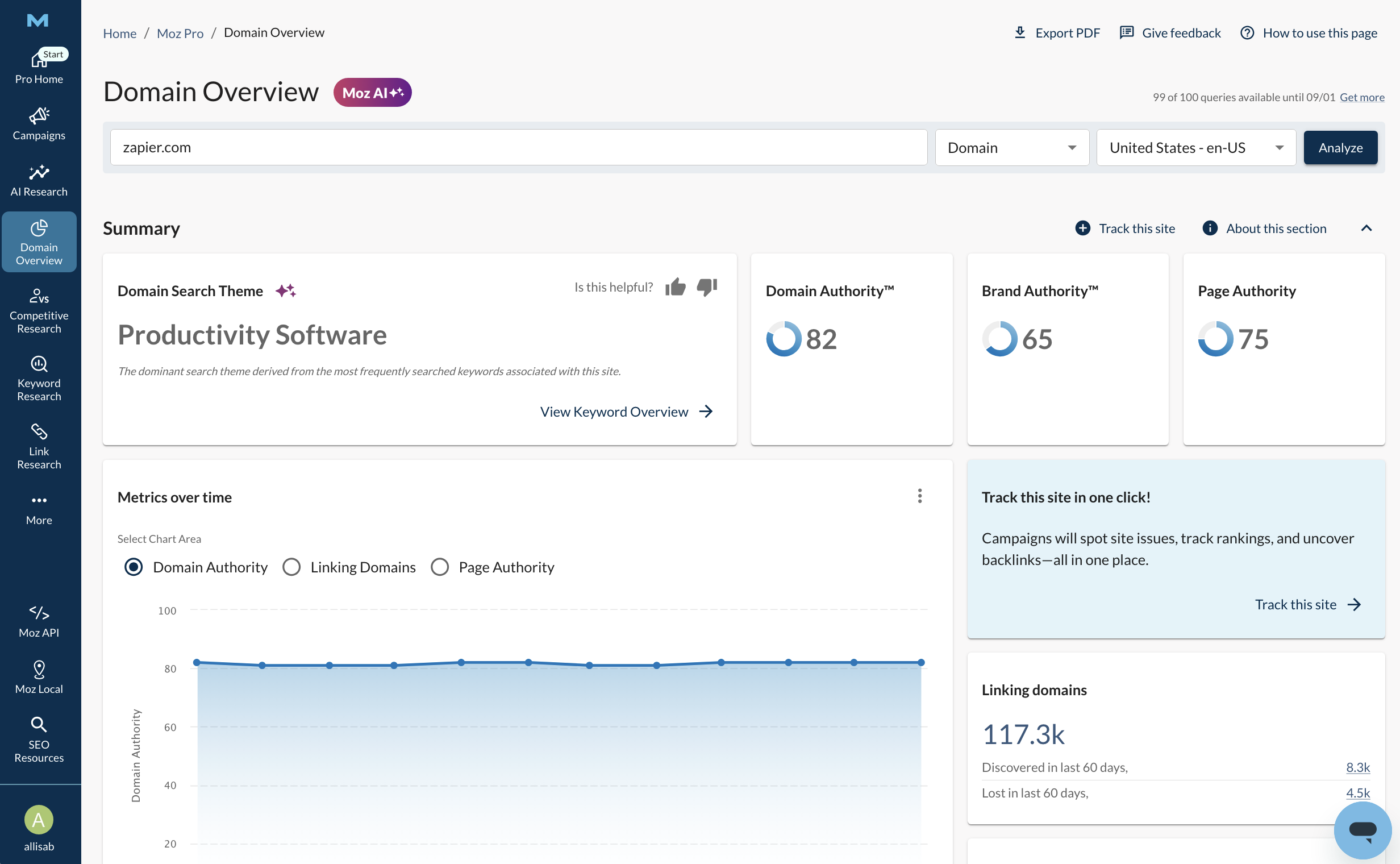 Screenshot of Moz's Domain Overview dashboard, showing various metrics for Zapier.com