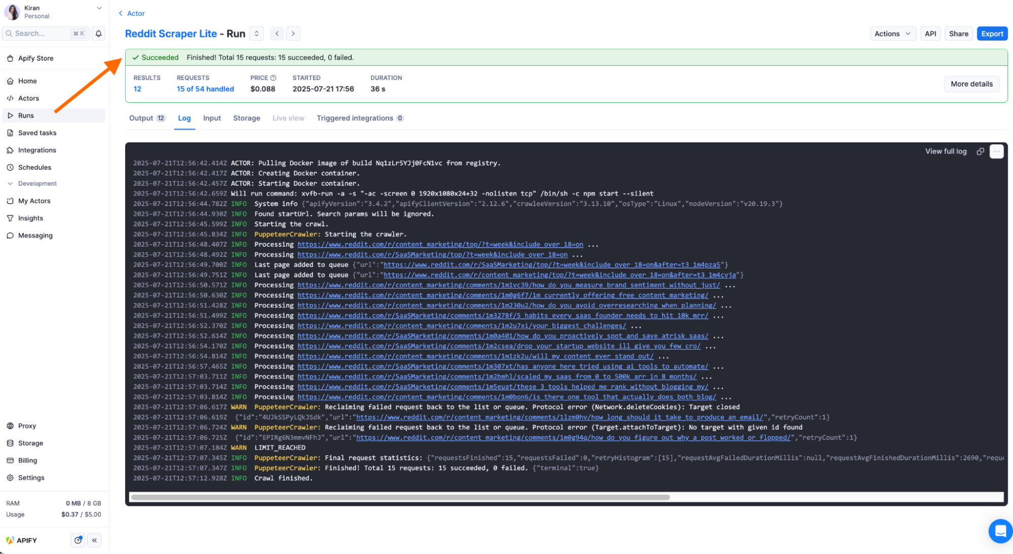 Reddit Scraper Lite run page showing a successful crawl summary with log details of processed Reddit URLs