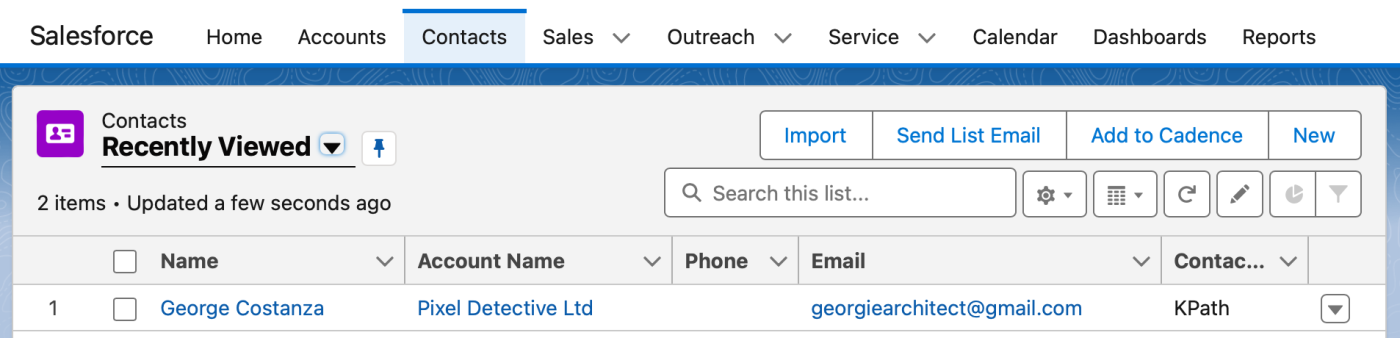 A contact added to a Salesforce contact list in the Salesforce dashboard.
