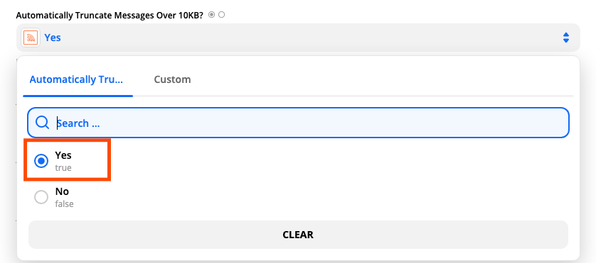 A screenshot of the Zap editor. Under the Automatically Truncate Messages over 10KB field, the Yes option is highlighted.
