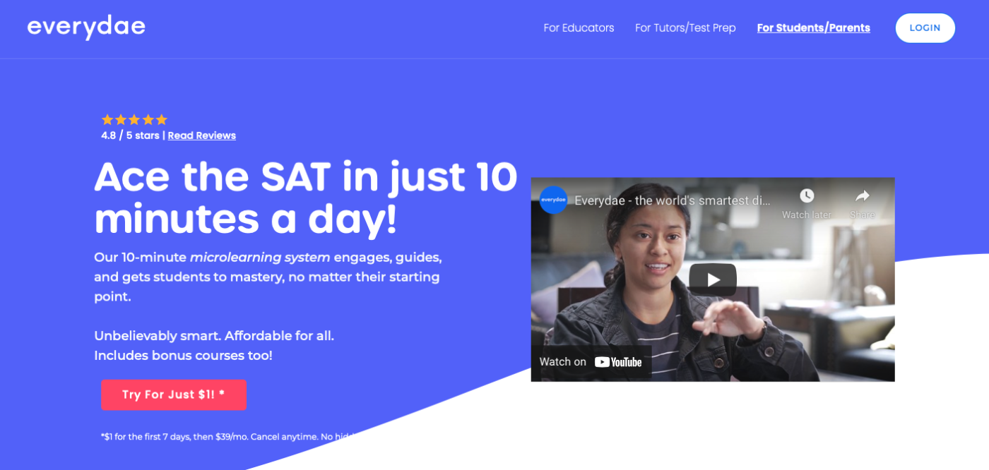 Everydae landing page that says "Ace the SAT in 10 minutes a day!"