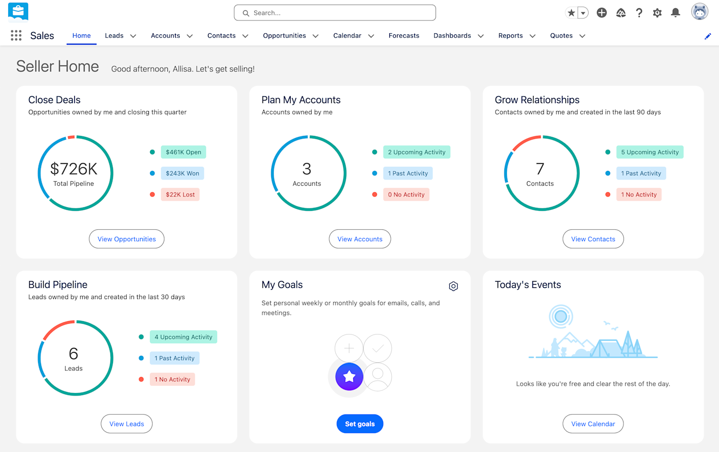 Screenshot of Salesforce's home dashboards, showing salesperson activity, the team pipeline, and leads by source