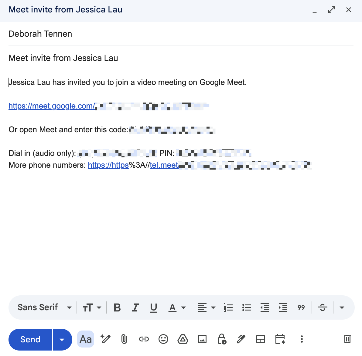 Draft Gmail message with Google Meet meeting details.