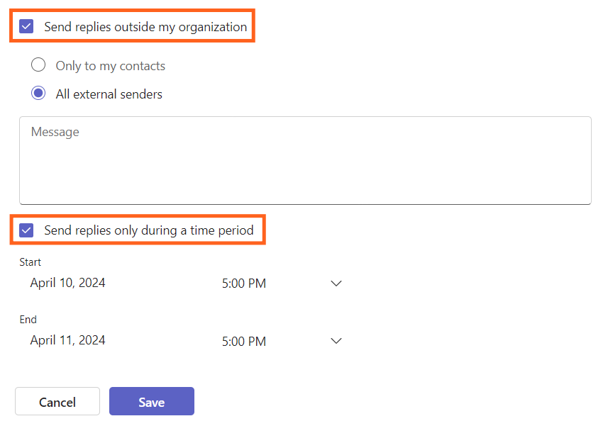Screenshot of Teams out of office message menu settings