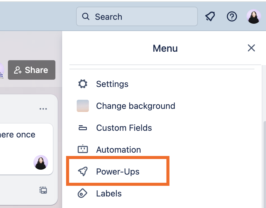 Expanded view of a Trello board menu with the Power-Ups option highlighted.