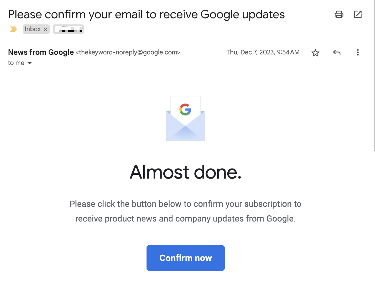 Opt-in email marketing example from Google. 