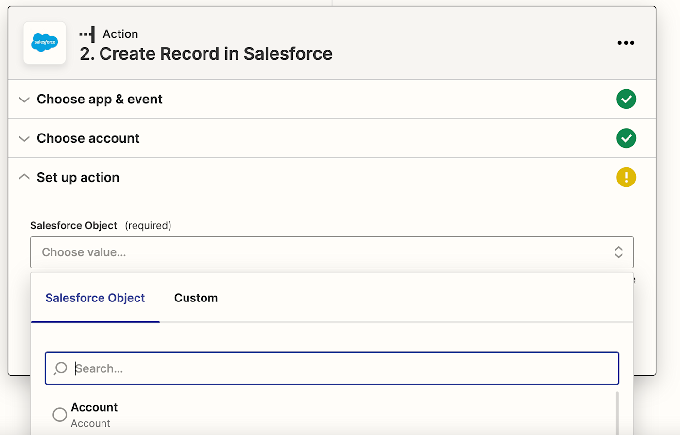 A Salesforce Object menu with Account shown in the open menu.