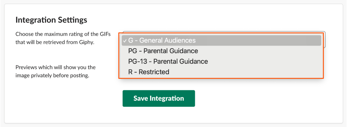 Screenshot of integration settings in Slack, where you can choose the maximum maturity rating for GIFs: G, PG, PG-13, or R.