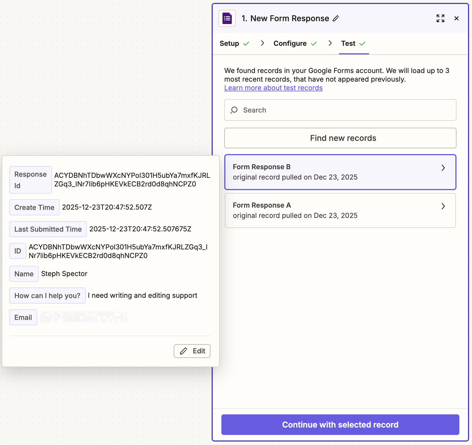 The Zapier editor showing the Test tab for a Google Forms trigger with sample form responses and detailed response fields visible