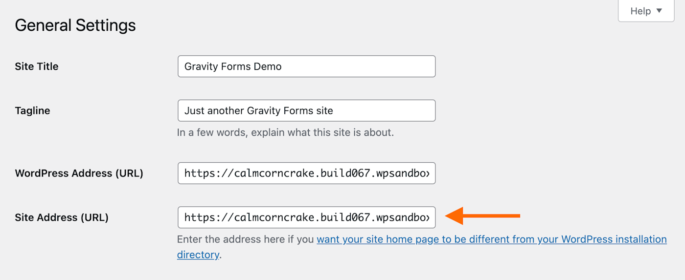 An orange arrow points to a field labelled Site Address (URL) with a URL entered in the field.