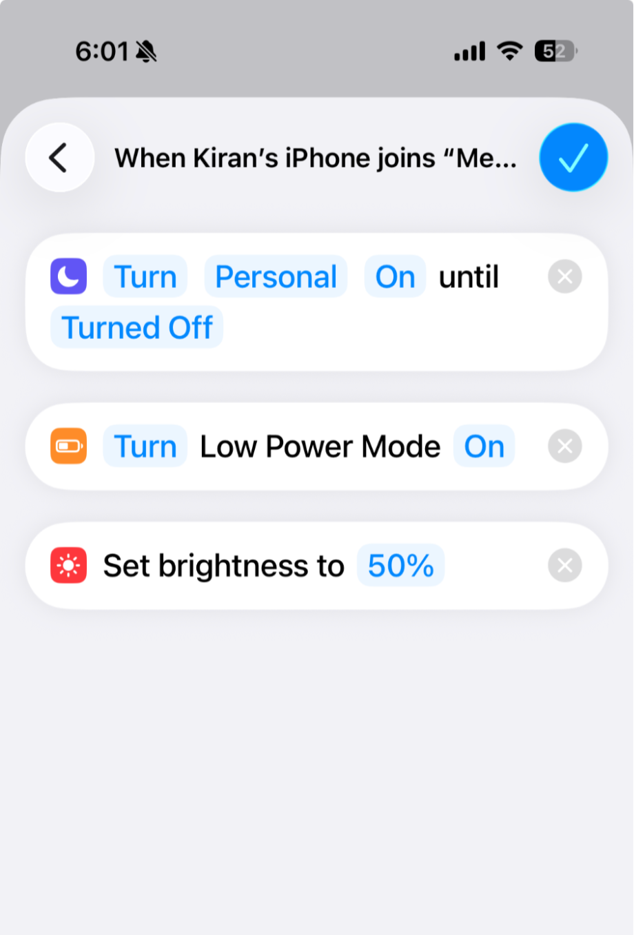 Setting up an iPhone automation to turn personal mode on