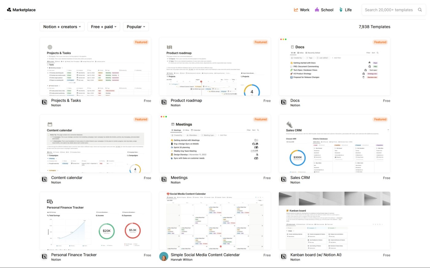 A basic database in Notion, viewed as a Kanban board